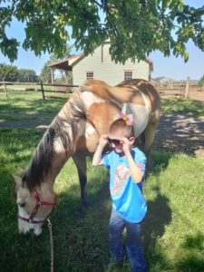 young boy wearing unicorn horn standing by palomino paint horse while she grazes in the grass