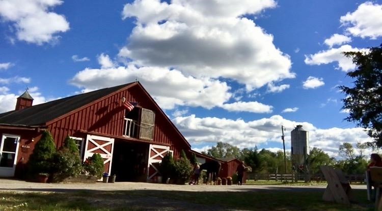 main barn with blue sky and clouds in background