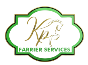 green black and gold stylized logo of horse and K P Farrier Services